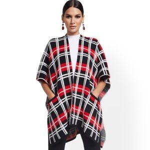 NY&Co Plaid Open Front Poncho Cardigan w Front Pockets Black/Red/White Size M